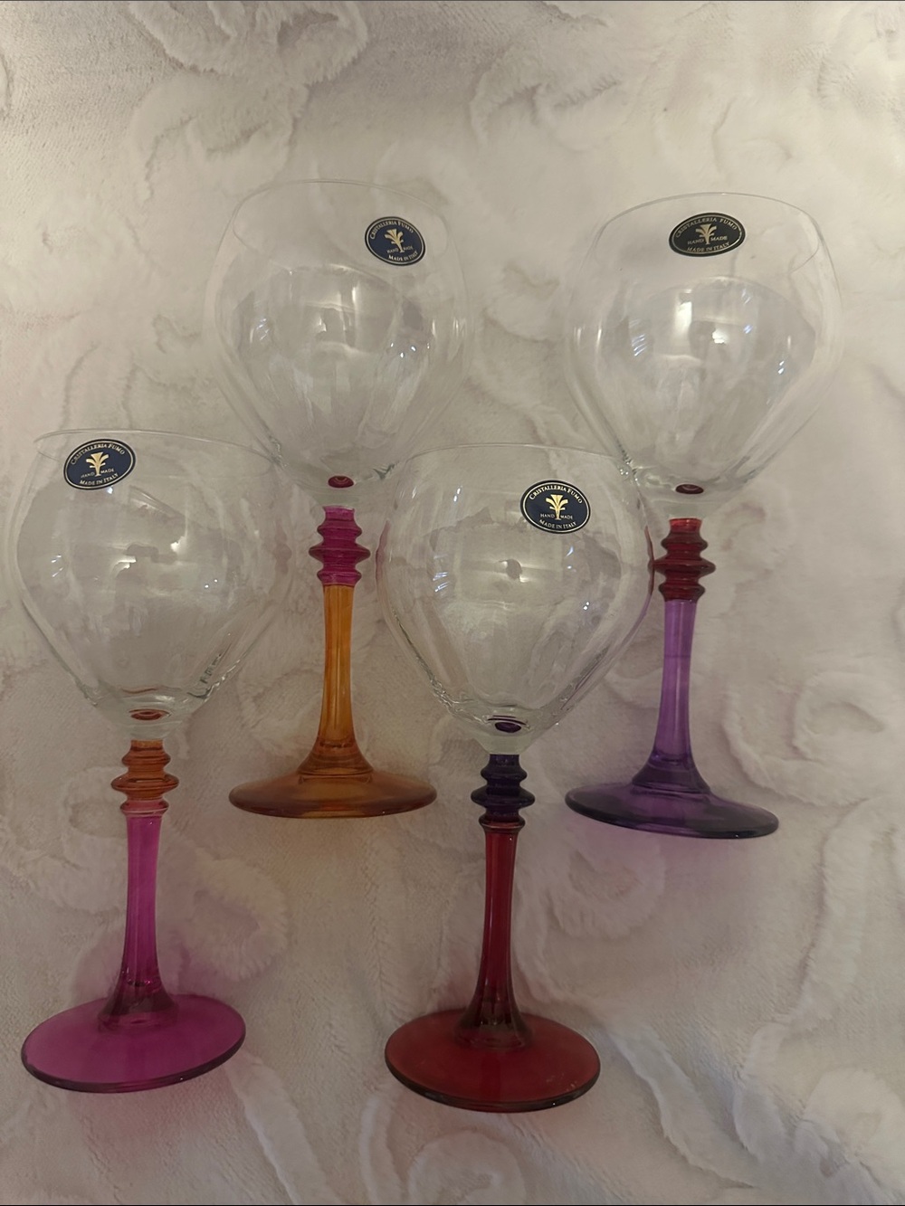 set of 4 -8” wine glasses Italy orange, pink, purple red stem clear bowl